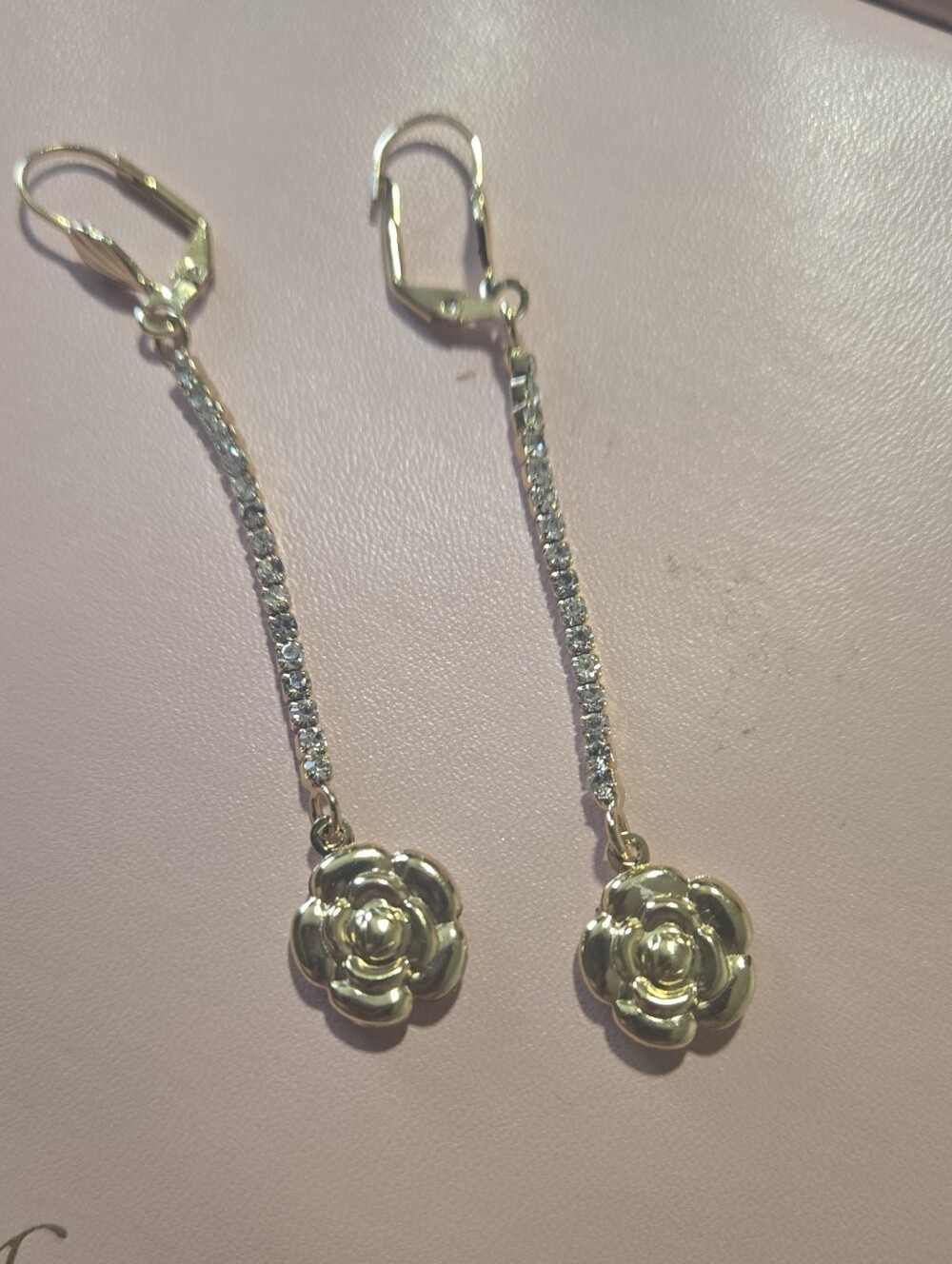 Gold Tone Rose Drop Dangle Earrings with Crystal Chain